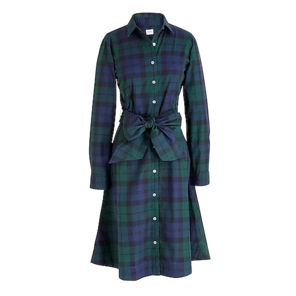 Long-sleeve tie-waist shirtdress in tartan